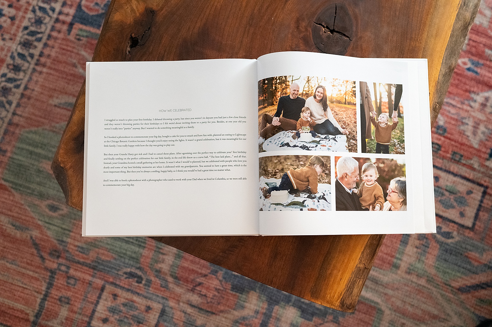 A baby's first year book is open to a letter to baby alongside photos.