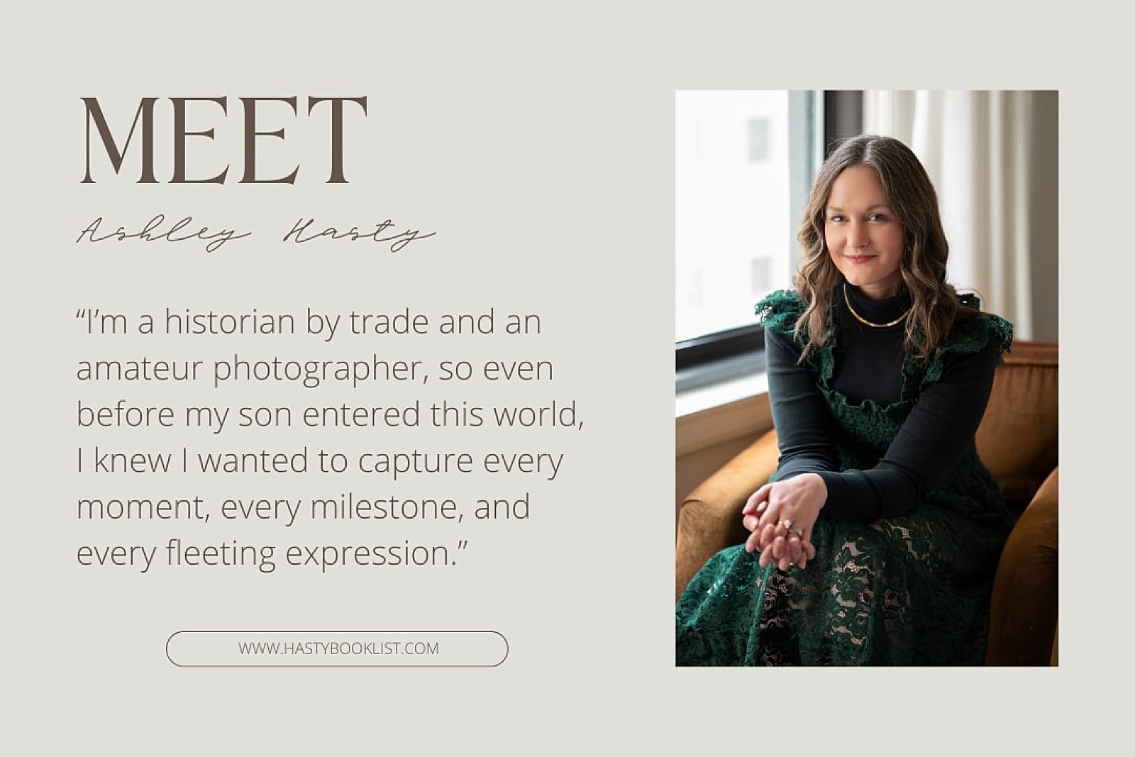 A blogger poses for a photo beside a window.