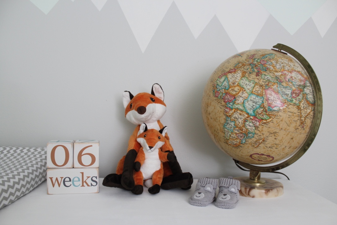 A fox sits next to a globe and numbered blocks in a forest-themed nursery.
