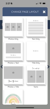 A photo book maker is open to the page layout options.