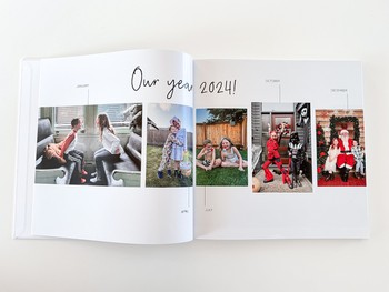 A family photo album is open to a timeline with photos from 2024.